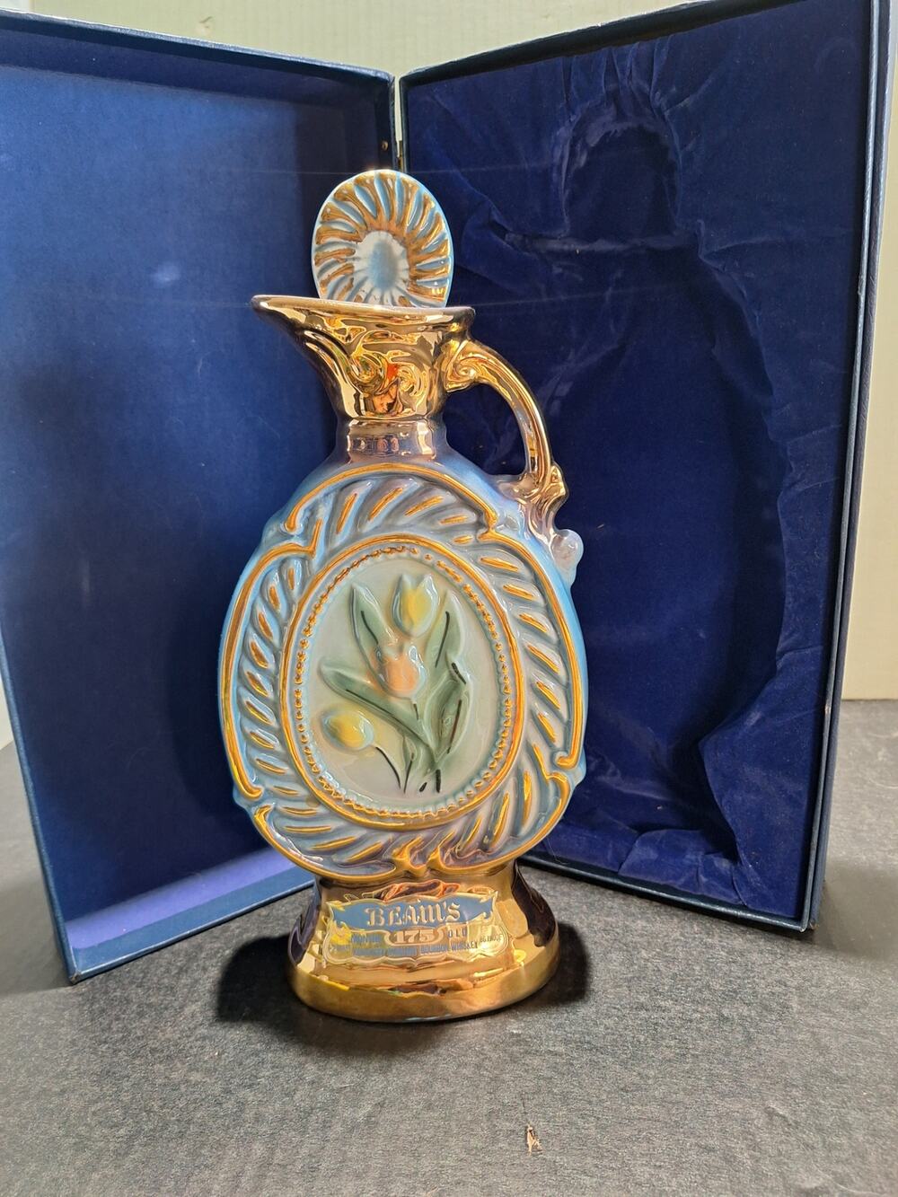 JB 175 Months Old  Decanter Blue Floral Pitcher Box Cork NM